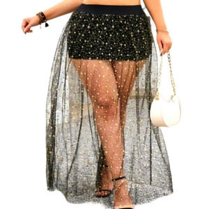 Beautiful Plus Size Shiny Pattern Mesh Skirt, Casual Elastic Waist Maxi Skirt 2x